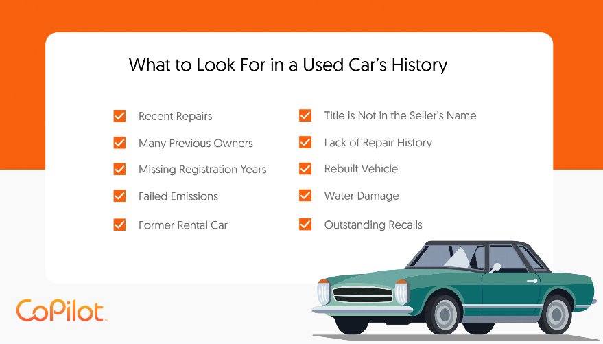 List of CarFax features to check when purchasing a used car: Repairs, previous owners, maintenance history, and damage.