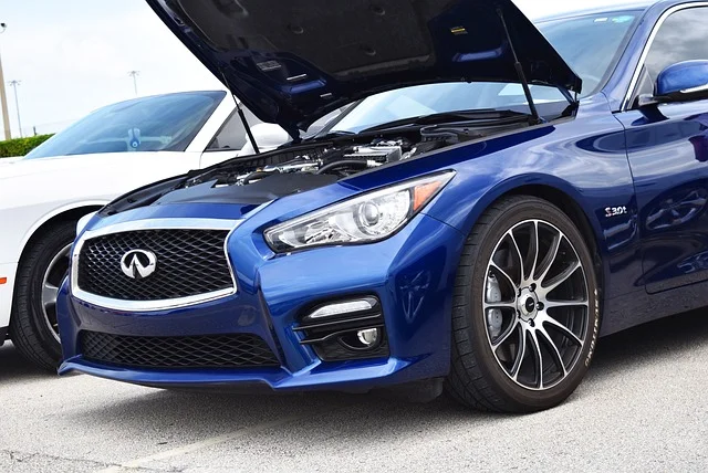 Infiniti Q50 with its hood lifted