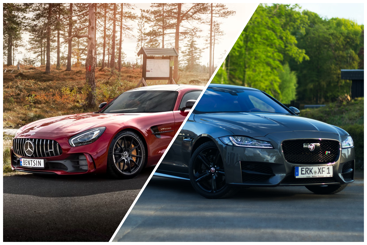 split screen of jaguar and mercedes vehicles