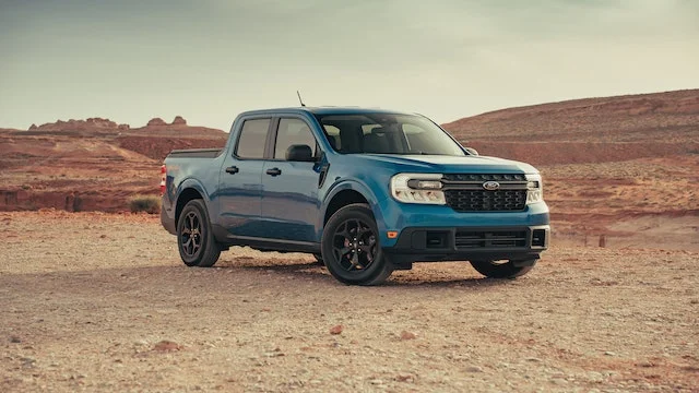 Blue 2022 Ford Maverick in the desert