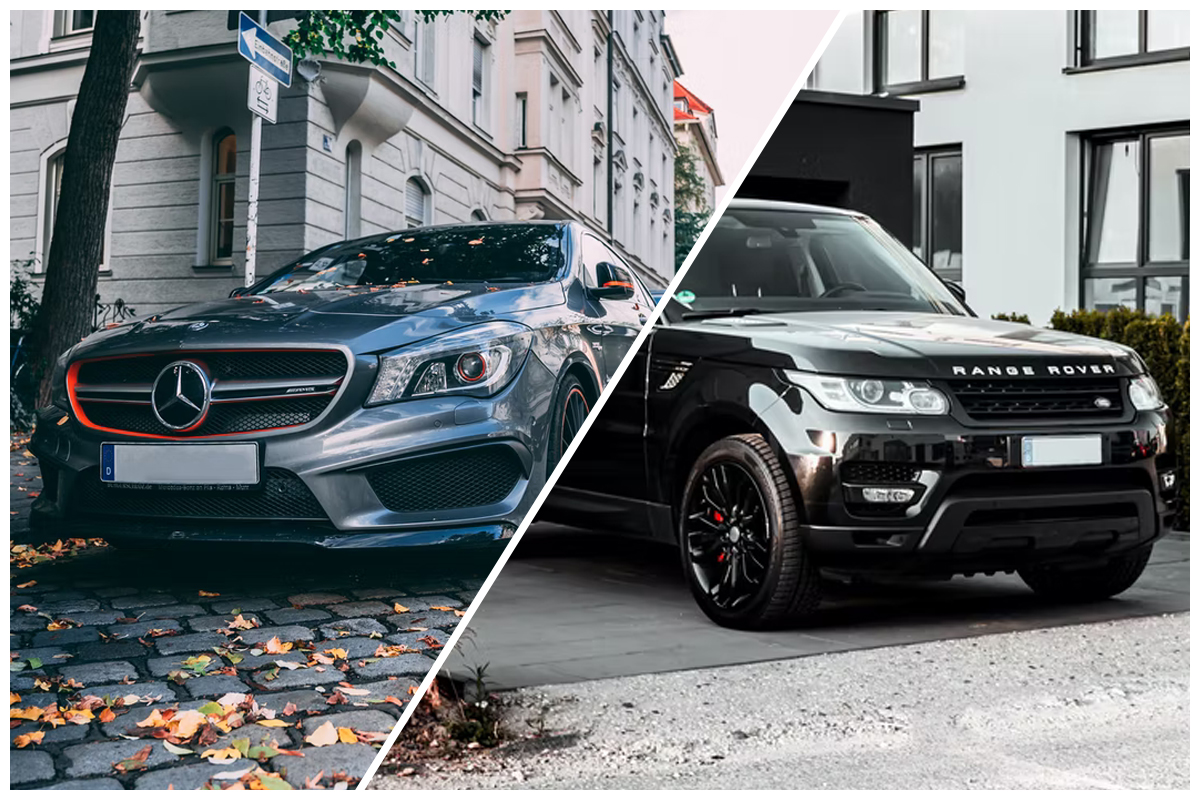 split screen of mercedes and range rover vehicles