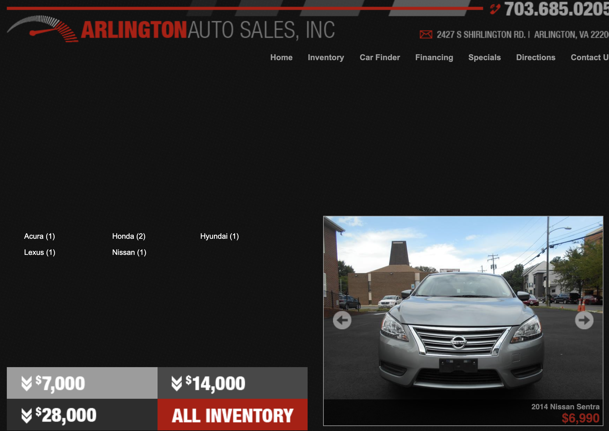 Screenshot of Arlington Auto Sales Inc. website