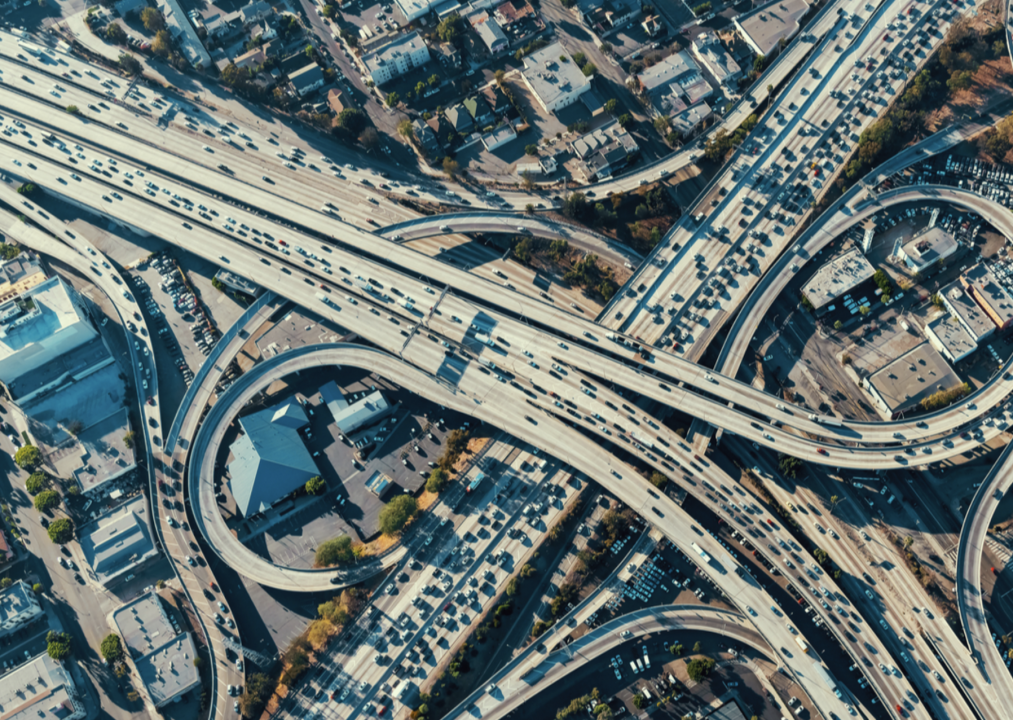 Aerial photograph of large highway system with many overpasses