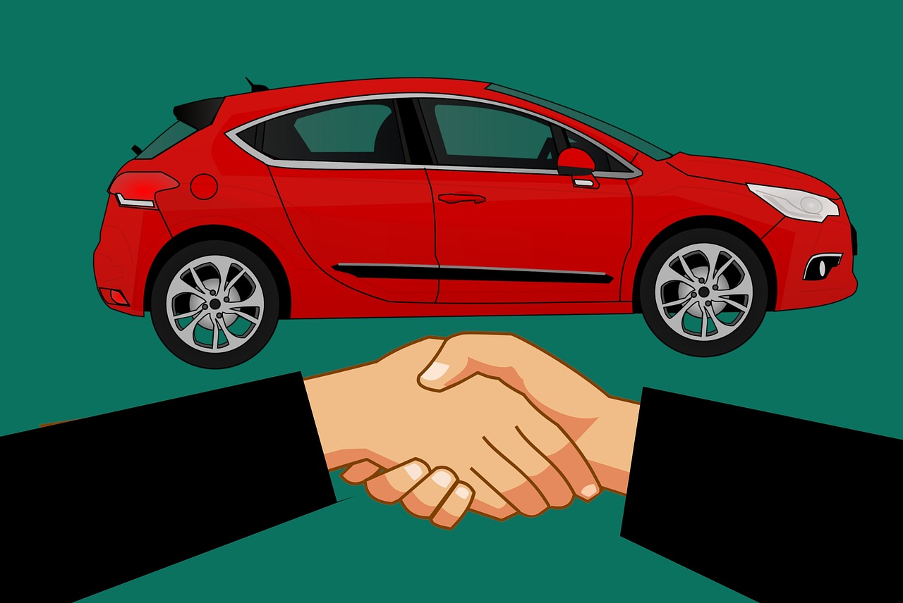 Graphic of hands shaking to signify a deal closure in front of a car