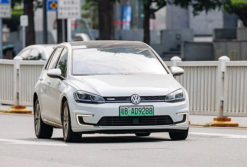 White Volkswagen e-Golf on a road