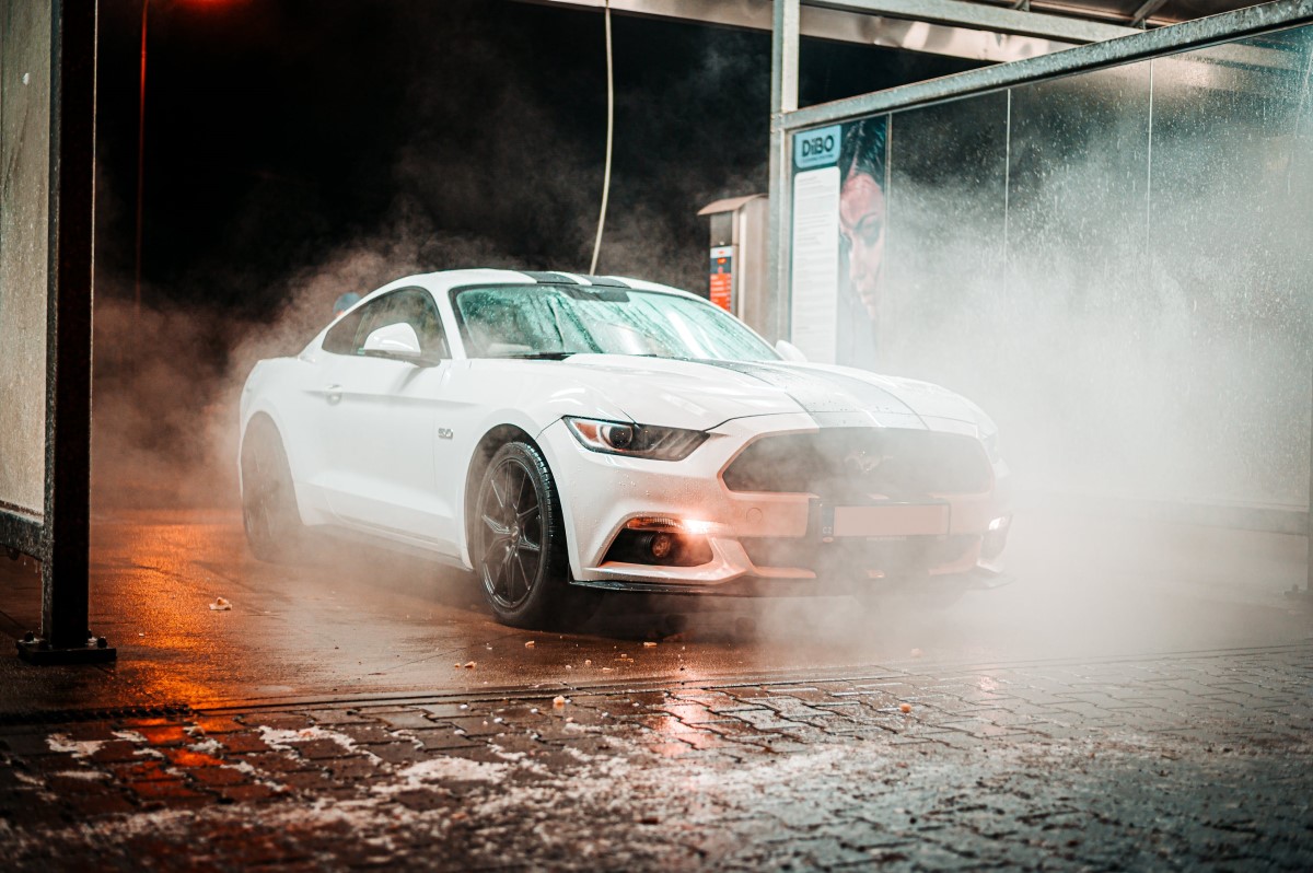 Photo of a Mustang at the car wash